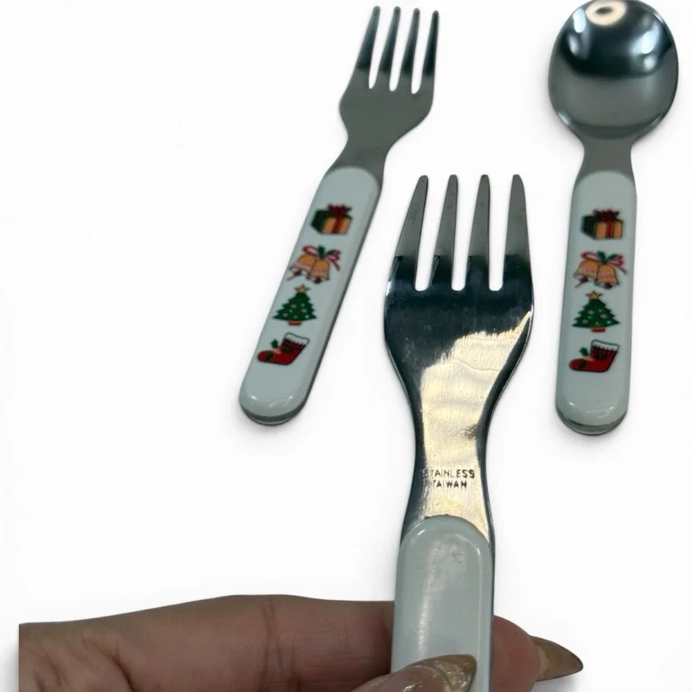 VTG Northland Stainless Christmas Flatware Lot 4 White Handle Forks Spoon Taiwan